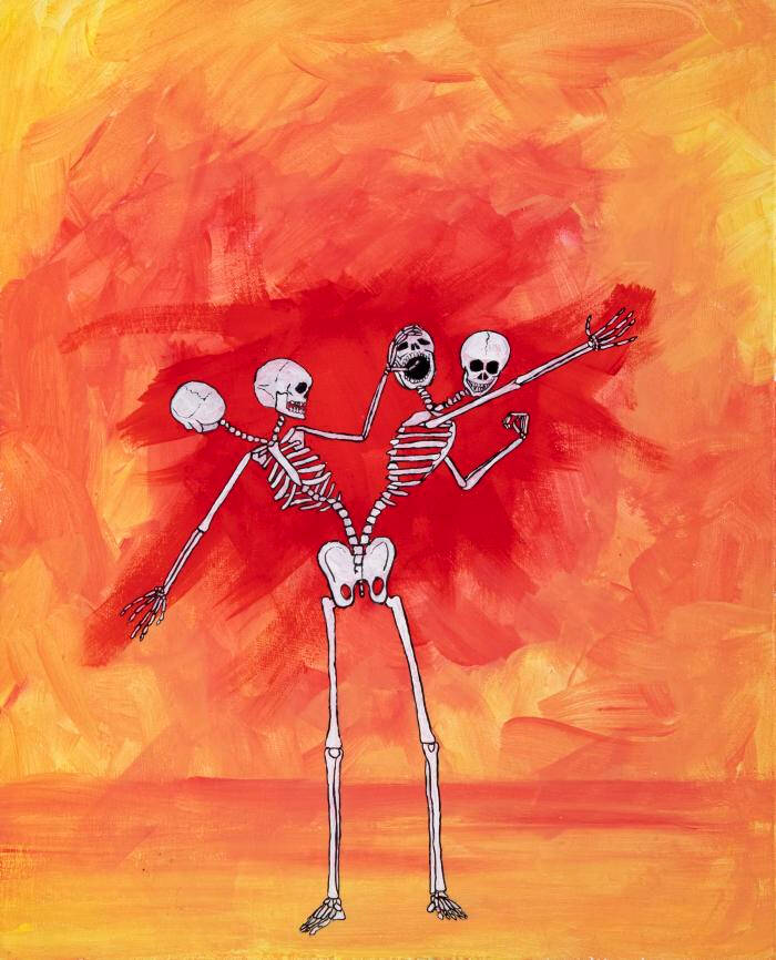 Drawing of a skeleton with multiple heads and chests.